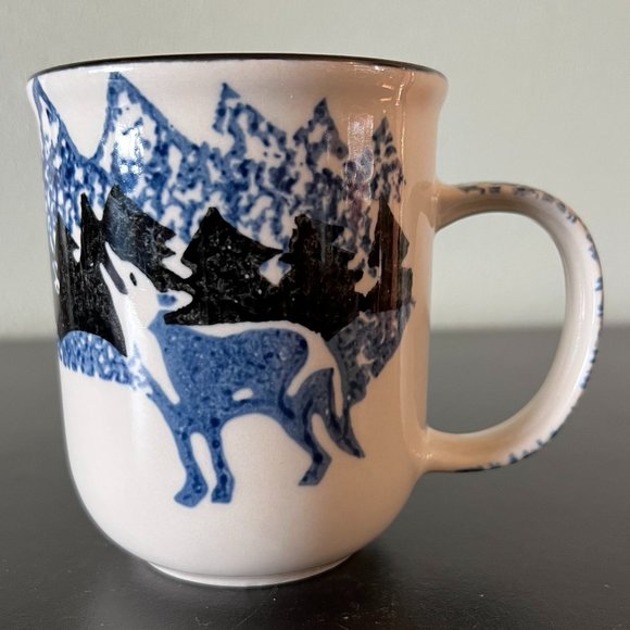 Vintage FOLKCRAFT Howling Wolf Spongeware Mug  By Tienshan - Picture 2 of 7